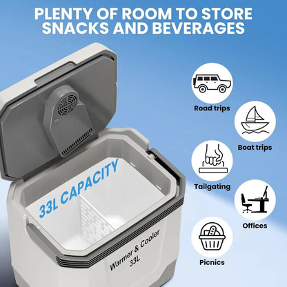 35QT Electric Cooler and Warmer, Plug In Cooler with 12V & AC Power, 33L Portable Car Refrigerator for Car & Home, Travel Cooler with Automatic Locking Handle for Camping & Road Trips
