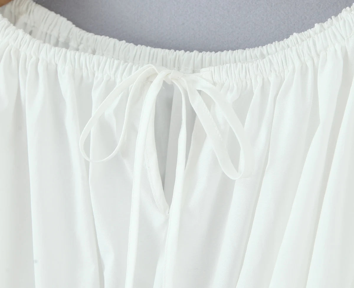 2 pieces 1 set Spring Summer White Elastic Slash Shoulder Lantern Sleeve Shirt + Wood ears Elastic Waist BUD Mini Shorts Suits