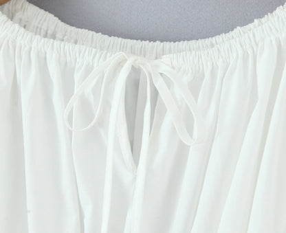 2 pieces 1 set Spring Summer White Elastic Slash Shoulder Lantern Sleeve Shirt + Wood ears Elastic Waist BUD Mini Shorts Suits
