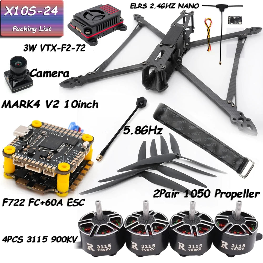 MARK4 V2 10inch F722 Flight Control 60A 4INI ESC 3115 Motor Camera VTX Receiver Antenna for FPV RC Racing Drone Quadcopter Parts