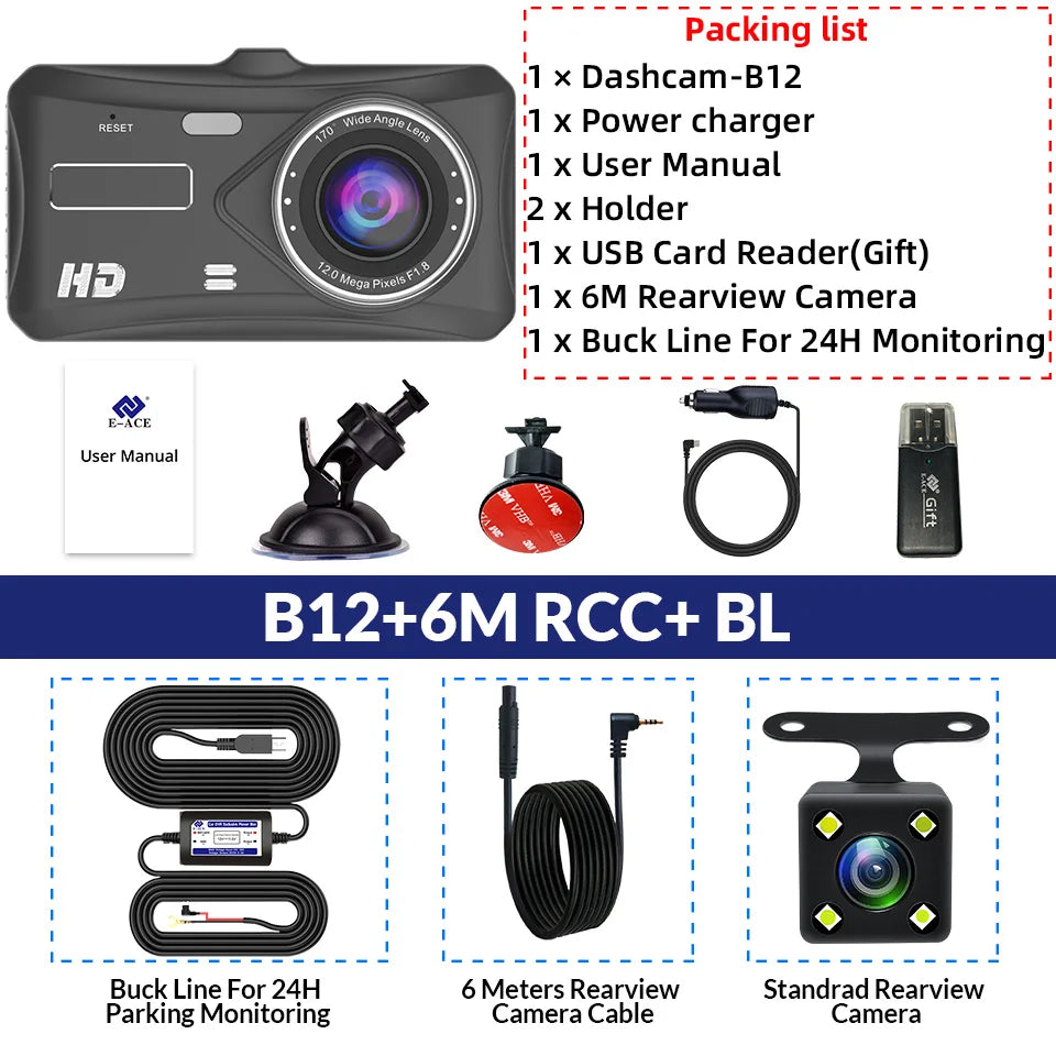 E-ACE 1080P Car DVR B12 Dash Cam Touch Sensitive Dash Camera WDR G sensor Night Vision Optional Rear Lens Hidden Dashcam