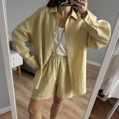 Women 2025 Summer Casual Linen Blouse Shorts Sets