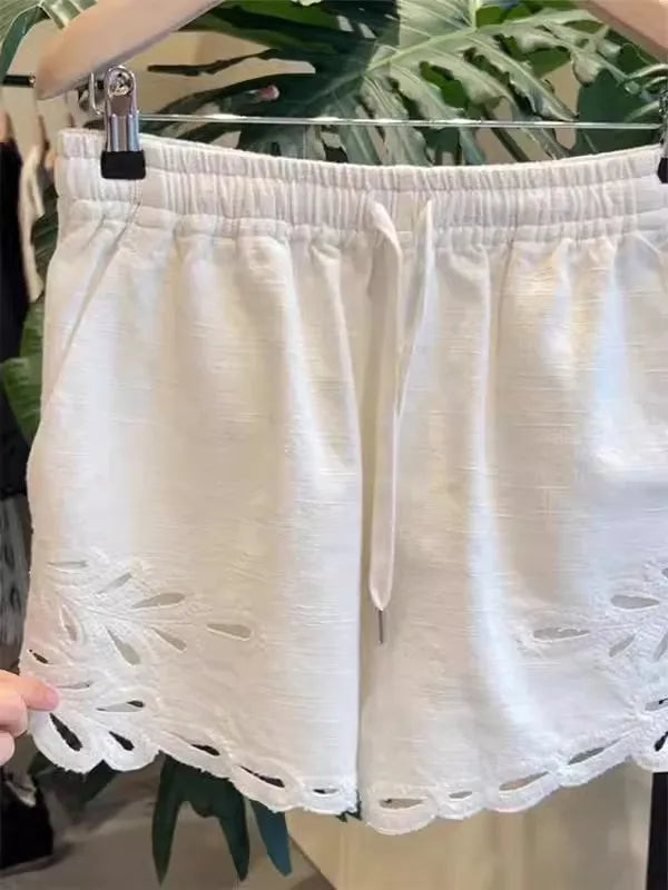 French Elegant White Linen Eyelet Lace Blouse Shorts Set Women V Neck Embroidered Hollow Out Tops And Elastic Waist Short Pants