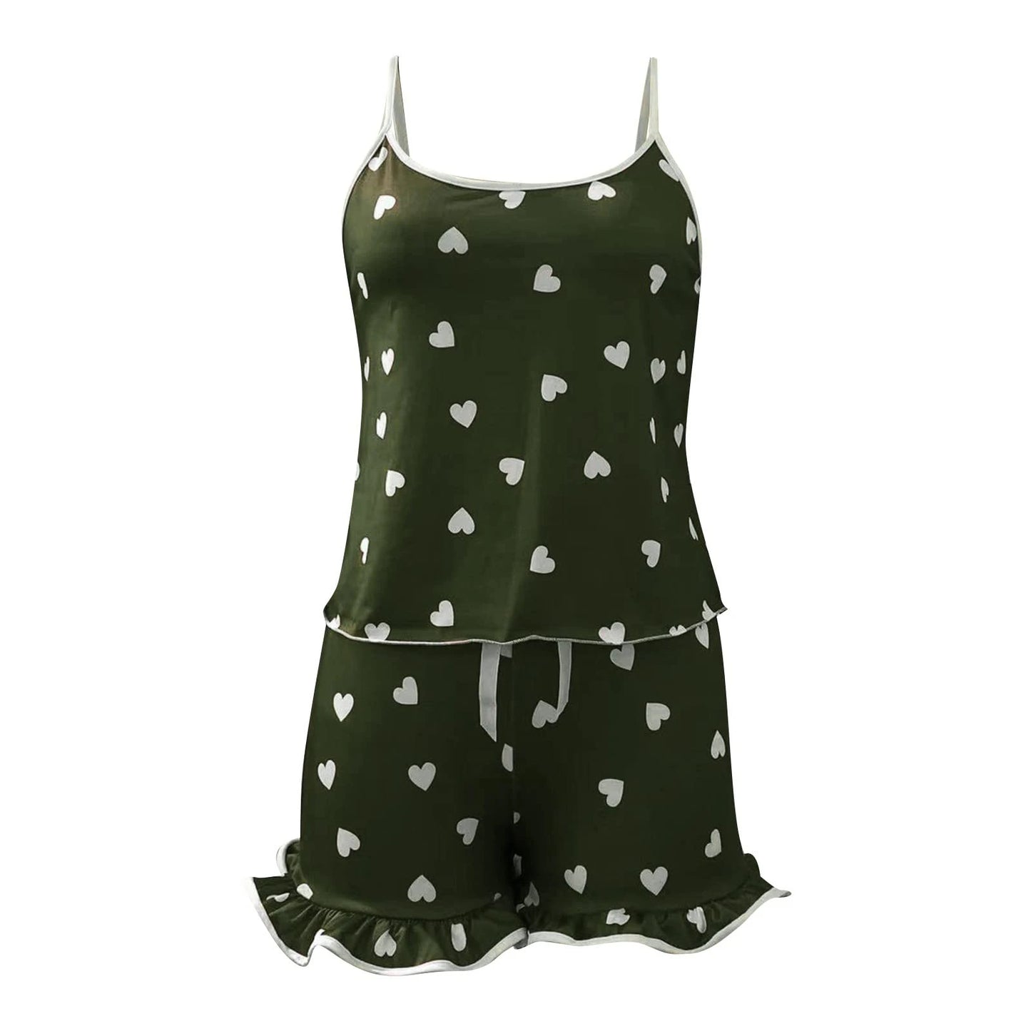 Women Summer Sleepwear Set Camisole Shorts Pajama Set Milk Silk Heart Print V Neck Sleeveless Sexy Loungewear Homewear