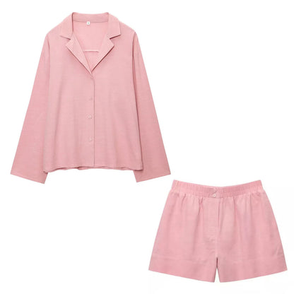 HH Women Casual Shorts Suit Lapel Single-Breasted Long Sleeves Shirt Top+Summer Elastic Waist Pocket Design Elegant Shorts