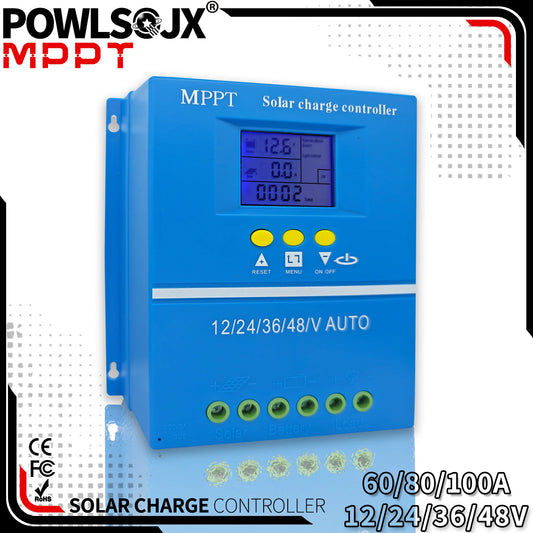 POWLSOJX MPPT Solar Charge Controller 60A/80A/100A Compatible with 12V/24V/36V/48V Batteries Multi-Battery Support  Dual USB