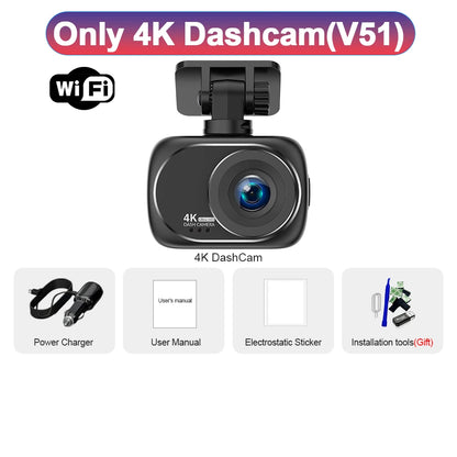 Dash Cam 4K UHD Recording Car Camera DVR Night Vision Video Recorder GPS Wi-Fi Support Dual Lens 4K Rear View Camera