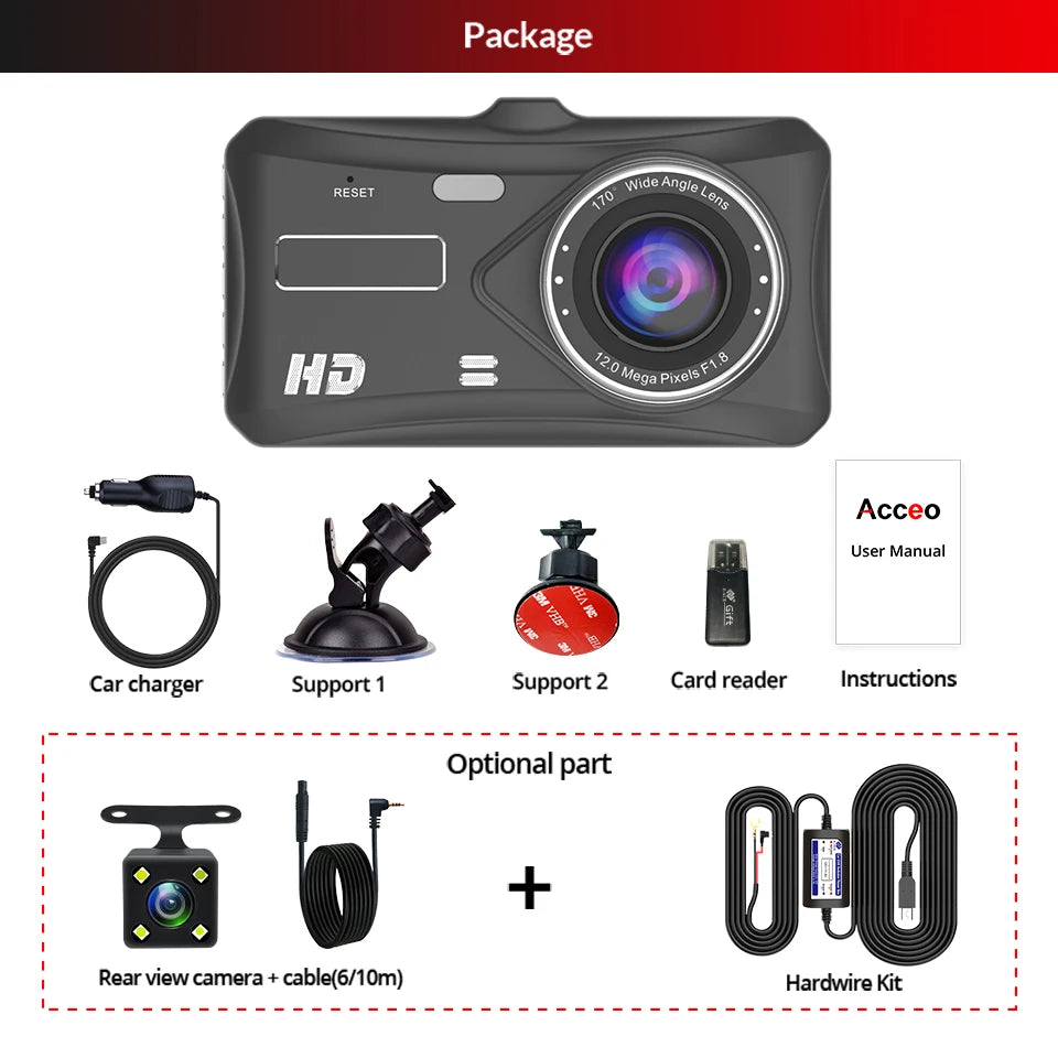 E-ACE 1080P Car DVR B12 Dash Cam Touch Sensitive Dash Camera WDR G sensor Night Vision Optional Rear Lens Hidden Dashcam