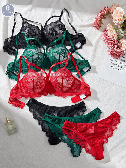 Women's Sexy Push Up Bra & Brazilian Panties Set - Lace Underwire Sheer Mesh Lingerie, Adjustable Straps Comfort Fit for Daily