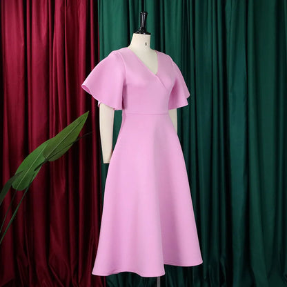 Elegant Dresses for Women V Neck Flare Sleeve High Waisted Pleated A Line Mid Calf Luxury Birthday Party Dinner Vestidos Mujer