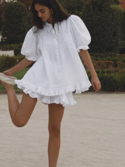 Women 2 Piece Shorts Set Puff Sleeve Button Down Blouse And Ruffle Hem Shorts White Cotton Look Casual Outfits Summer Streetwear