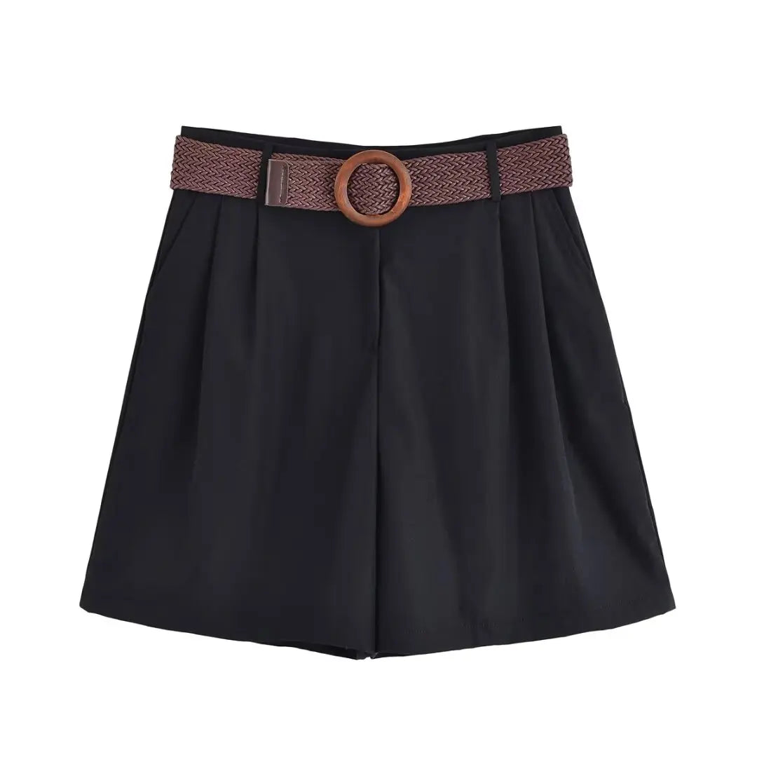 HH Women Elegant Turn-Down Collar Single-Breasted Shirts Top+Chic Mid Waist Belt Decoration Zipper Casual Shorts 2-Piece Set
