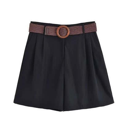 HH Women Elegant Turn-Down Collar Single-Breasted Shirts Top+Chic Mid Waist Belt Decoration Zipper Casual Shorts 2-Piece Set