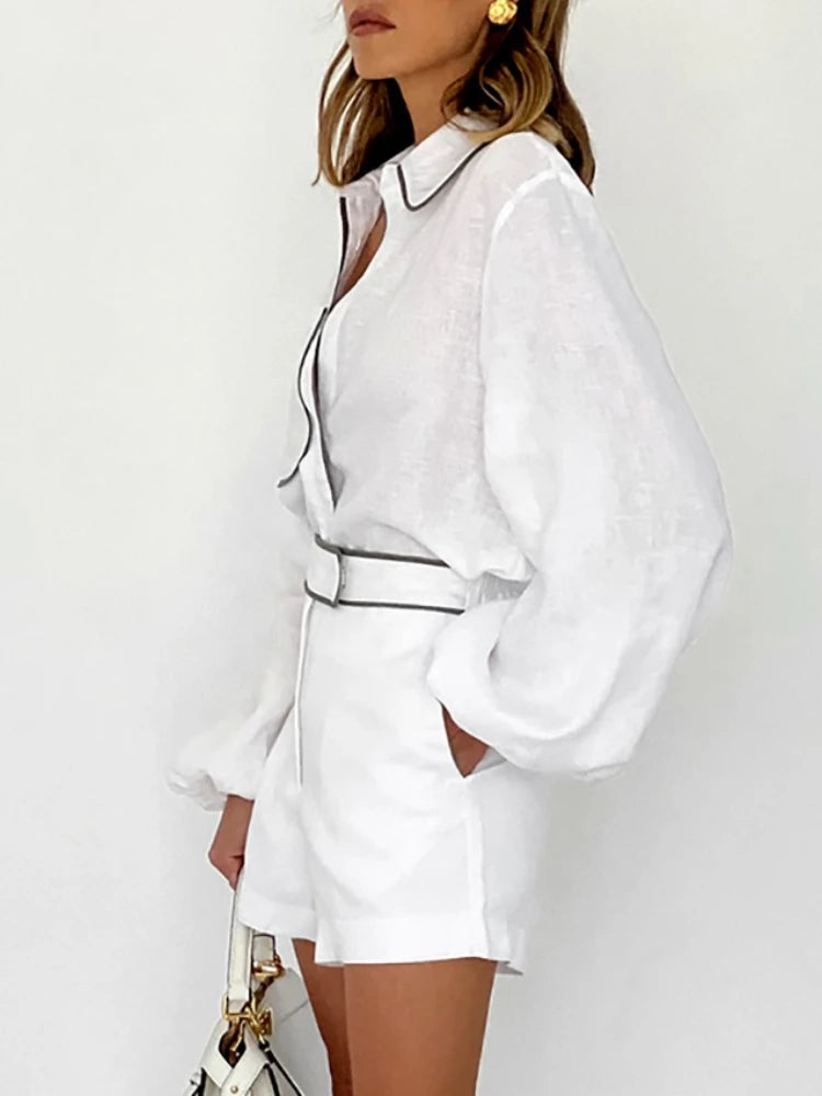 New in Summer Women's Elegant Set   Cotton Linen Long-Sleeved Black White Contrasting Color Design Shirt Shorts Two-Piece