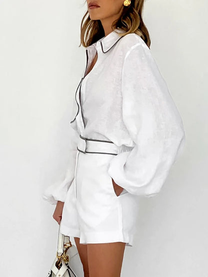 New in Summer Women's Elegant Set   Cotton Linen Long-Sleeved Black White Contrasting Color Design Shirt Shorts Two-Piece