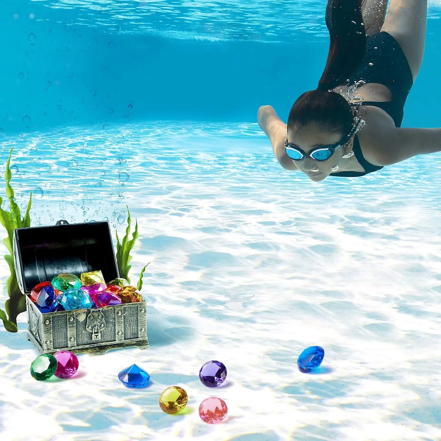 Joyfy Diving Gems Pool Toys 16 Big Colorful Diamond with Pirate Treasure Chest for Kids Underwater Gemstone Swimming Train Gift