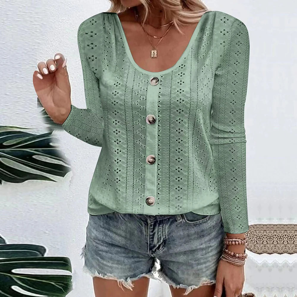 Womens Long Sleeve Tops 2026 Lace Crochet Casual Shirts Button Down V Neck Blouses Dressy Trendy Fashion Fall Clothes