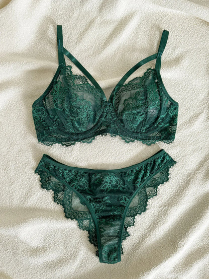 Women's Sexy Push Up Bra & Brazilian Panties Set - Lace Underwire Sheer Mesh Lingerie, Adjustable Straps Comfort Fit for Daily