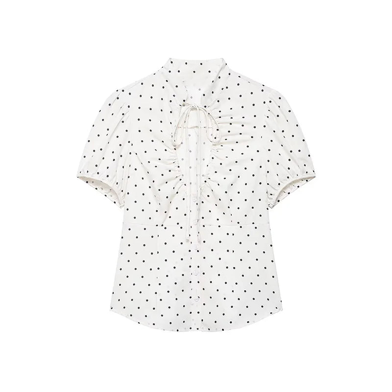 Women's Tops 2026 Summer Fashion Stand Collar Lace Up Short Sleeve Buttons Blouses Elegant Shirts Female Slim Top