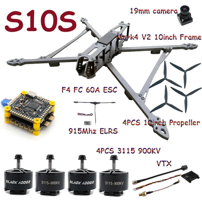 Mark4 V2 10inch FPV Frame Combo Set F405 V3S FC 60A 4-in-1 ESC 3115 900KV Motor Propeller ELRS for RC FPV Freestyle Racing Drone