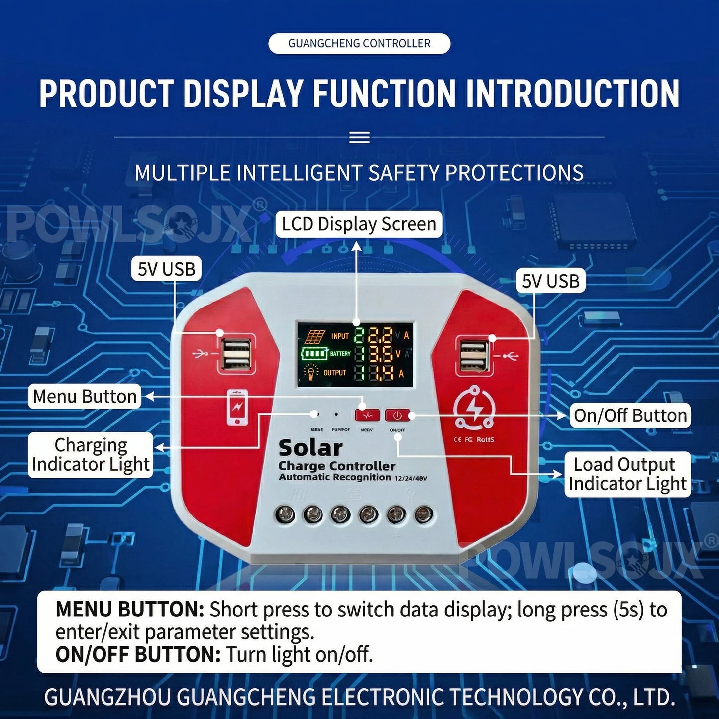 POWLSOJX Solar Charge Controller 30A 40A 60A 80A 100A 12V 24V 48V Auto PV Regulator with LCD Display 4 USB for Lead Acid Li