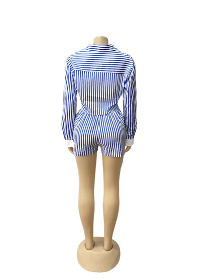 HLJ Spring Summer Ladies Shorts Outfits Stripes Crop Shirt Top + Shorts Two Piece Set Casual Matching Women 2 Piece Clothing Set