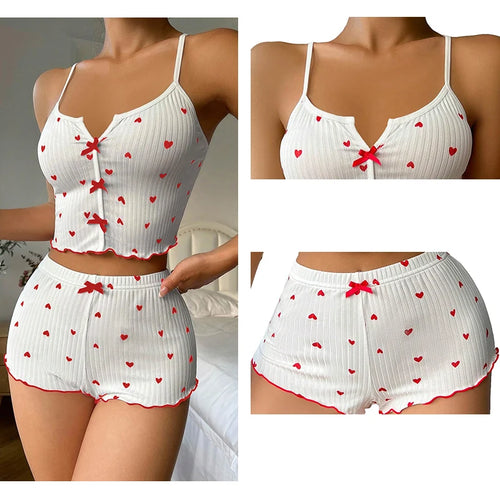 Women's Pajama Set Heart Print Soft Ribbed Fabric Sleepwear with Flirty Frill Trim Casual Cami Top and Shorts Sets Loungewear