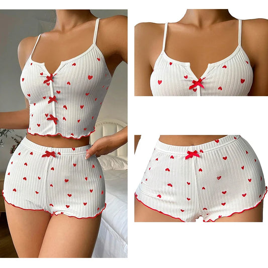 Women's Pajama Set Heart Print Soft Ribbed Fabric Sleepwear with Flirty Frill Trim Casual Cami Top and Shorts Sets Loungewear