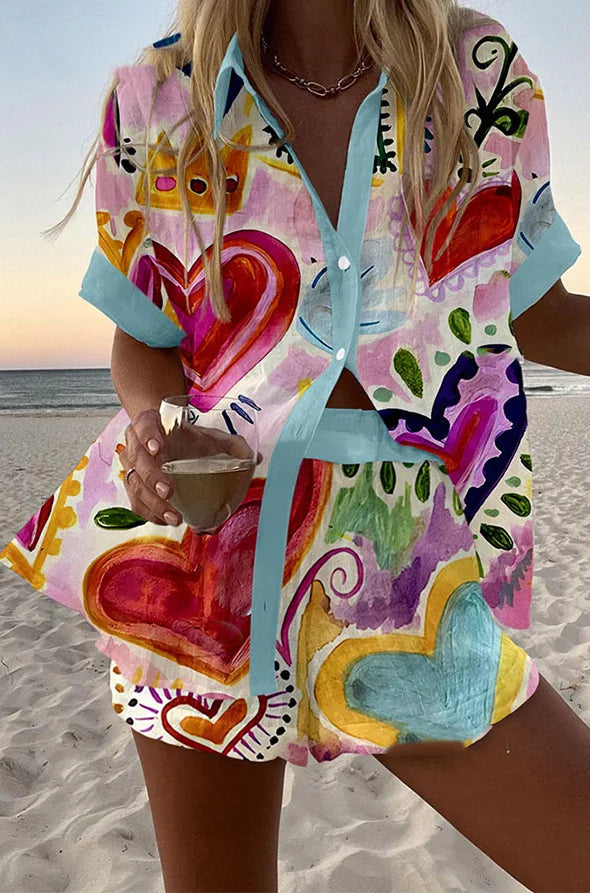 Casual Women Printed Blouse Shorts Two Pieces Sets Lapel Short Sleeve Button Shirt Suit Female New Summer Beach Holiday Outfits