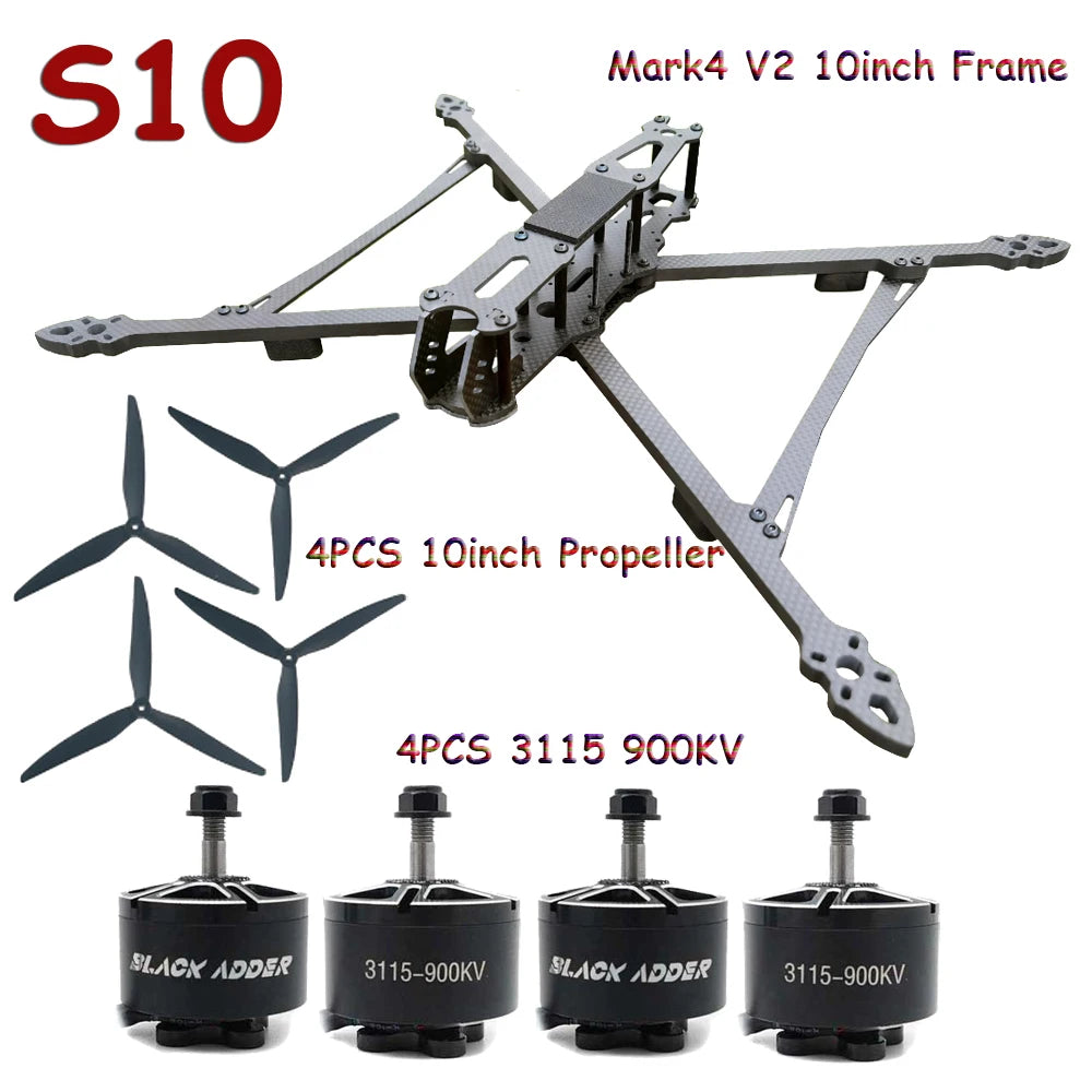 Mark4 V2 10inch FPV Frame Combo Set F405 V3S FC 60A 4-in-1 ESC 3115 900KV Motor Propeller ELRS for RC FPV Freestyle Racing Drone