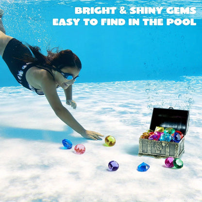 Joyfy Diving Gems Pool Toys 16 Big Colorful Diamond with Pirate Treasure Chest for Kids Underwater Gemstone Swimming Train Gift