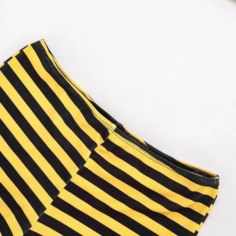 Women Striped Print 3 Piece Short Sets Summer Sexy Halter Lace-up Bra Short Sleeve Crop Top Shorts Matching Sets Beach Vacation