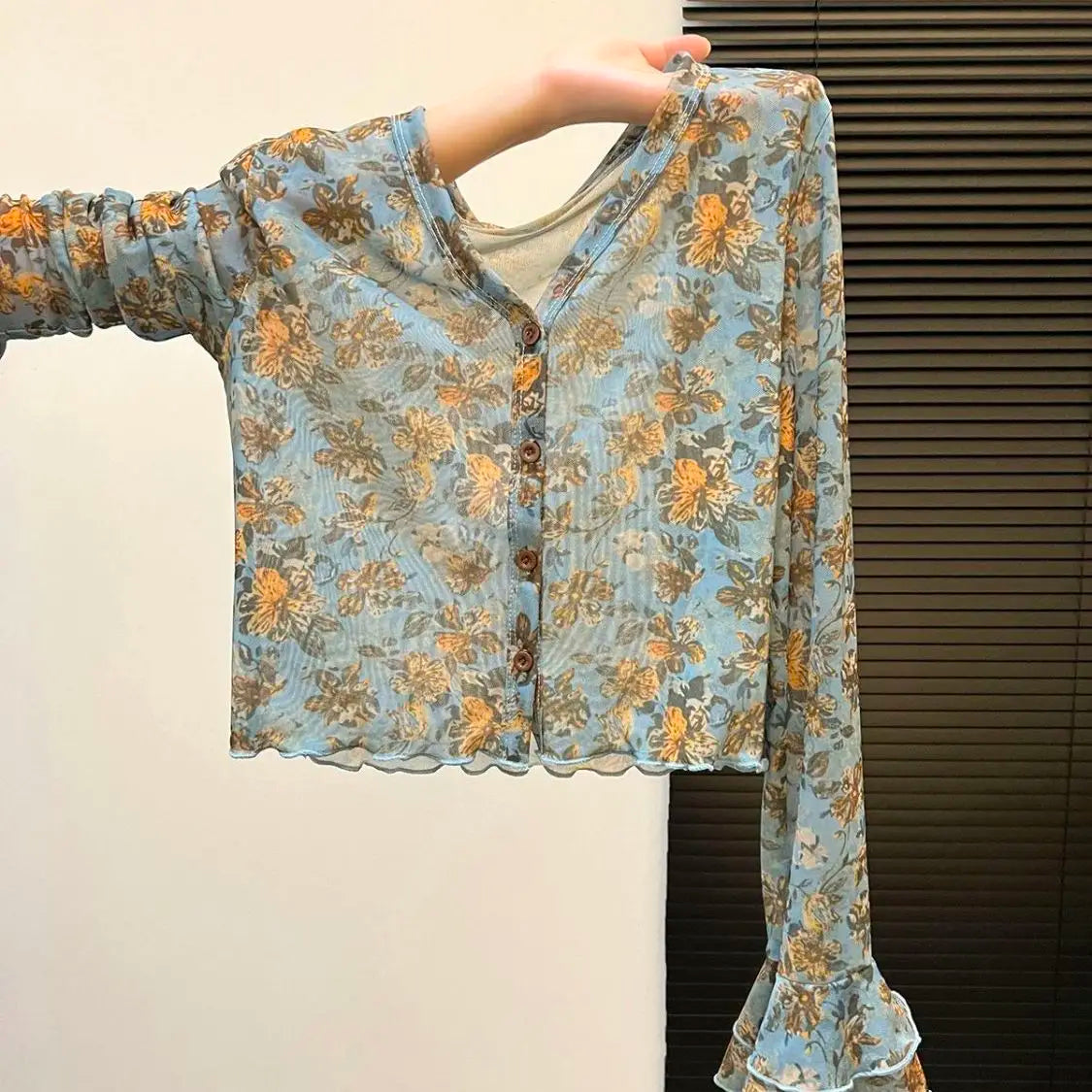 Floral Blouse For Women V-neck Flare Sleeve Slim Fit Gauze Shirts 2026 Blusas Mujer De Moda Vintage Summer Sweet Blouses Tops