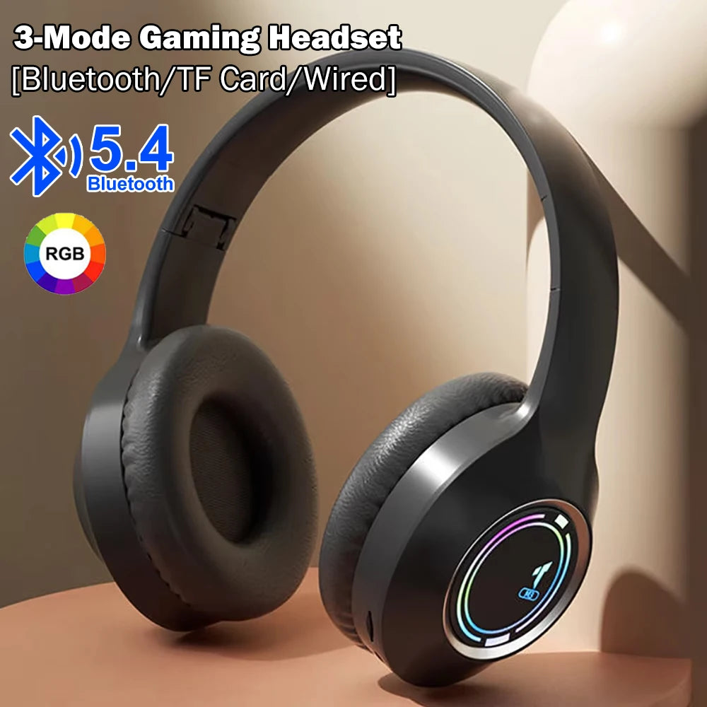 KEBIDUMEI RGB Over-Ear Gaming Headphones Bluetooth 5.4 3.5mm Wired TF Card Tri-mode Earphones HiFi Stereo Wireless Headsets