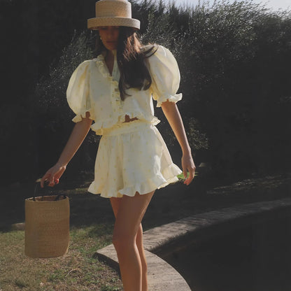 Women 2 Piece Shorts Set Puff Sleeve Button Down Blouse And Ruffle Hem Shorts White Cotton Look Casual Outfits Summer Streetwear