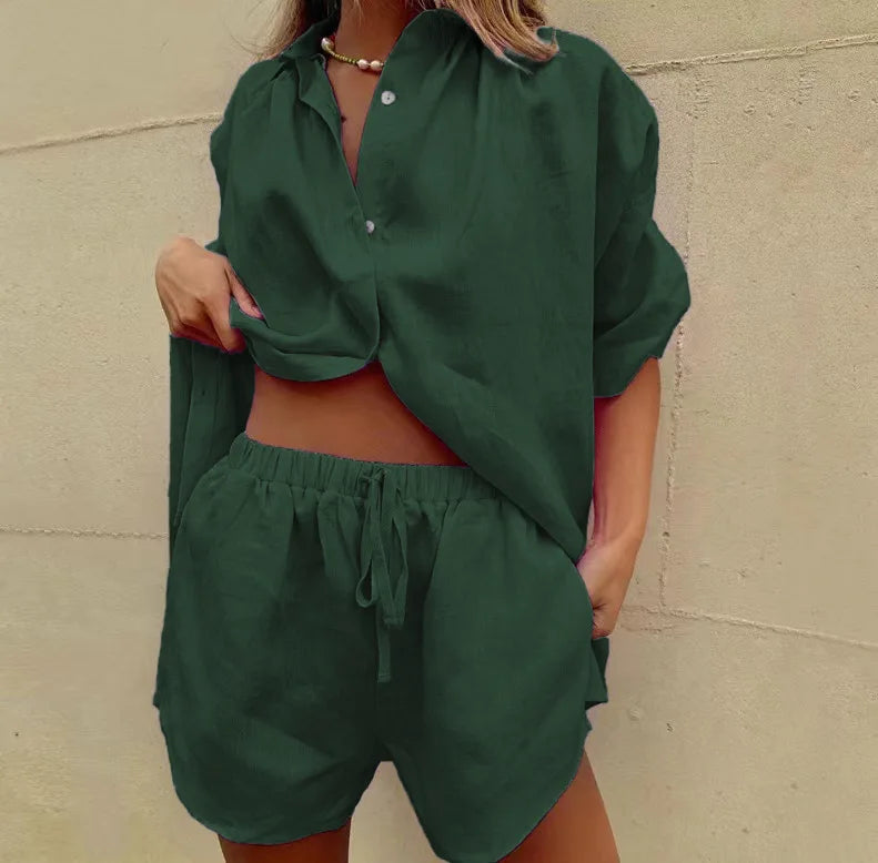2024 Summer New Women's 2-piece set Solid Single breasted Short sleeve Shirt Two piece Set Wide Leg Lace-up Shorts For Women
