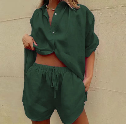 2024 Summer New Women's 2-piece set Solid Single breasted Short sleeve Shirt Two piece Set Wide Leg Lace-up Shorts For Women