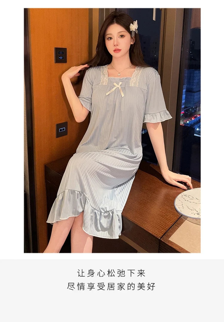 Hot Summer Plus Size Sexy Lace V-neck Short Sleeve Cotton Nightgowns for Women Cute Sleepwear Night Dress Nightdress Home Nighty