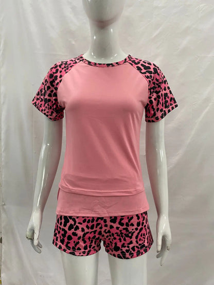2026 summer new American retro leopard print patchwork short sleeved shorts set Y2K punk street fashion trend casual spicy girl