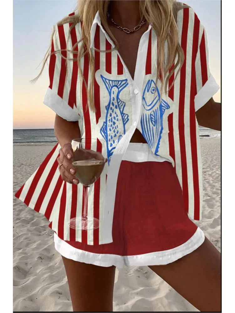 Casual Women Printed Blouse Shorts Two Pieces Sets Lapel Short Sleeve Button Shirt Suit Female New Summer Beach Holiday Outfits