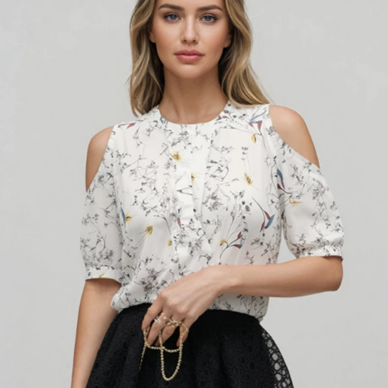 New Floral Print Women Shirt Elegant Summer Tops Off Shoulder Blouses Short Sleeve Woman Blouse