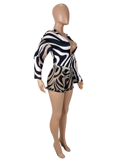 Sexy Stripe Print V-neck Long Sleeve Blouse Top and Sheer Mesh Shorts Two-piece Set Women Bodysuit Summer Sets Womens Outfits
