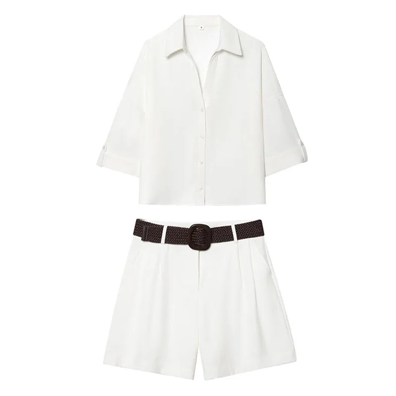 HH Women Elegant Turn-Down Collar Single-Breasted Shirts Top+Chic Mid Waist Belt Decoration Zipper Casual Shorts 2-Piece Set