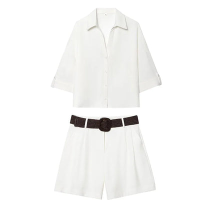 HH Women Elegant Turn-Down Collar Single-Breasted Shirts Top+Chic Mid Waist Belt Decoration Zipper Casual Shorts 2-Piece Set