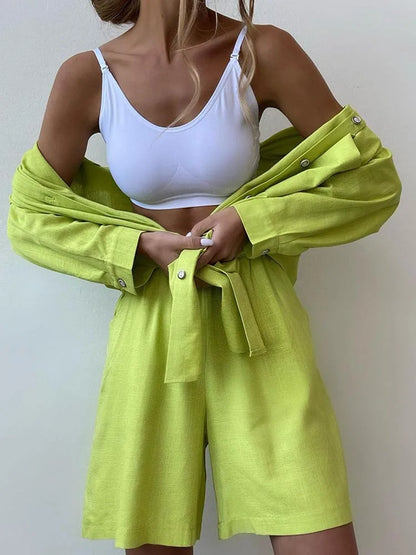 Summer Women's Suit Shirt and Short Sets Solid Color Casual Cotton and Linen Blouse and Shorts Two Piece Sets Women Outfit 2026