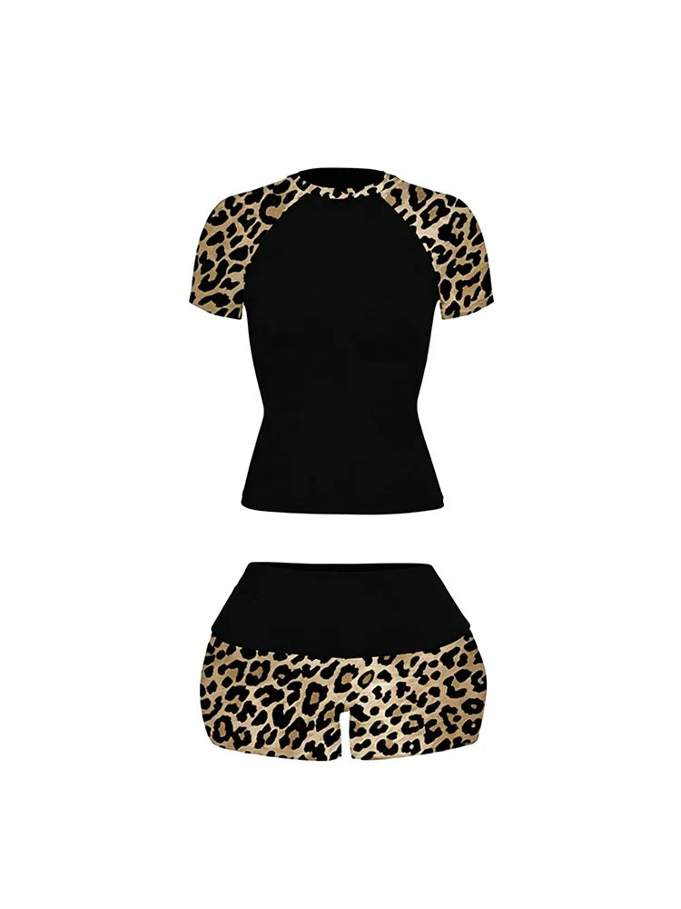 2026 summer new American retro leopard print patchwork short sleeved shorts set Y2K punk street fashion trend casual spicy girl