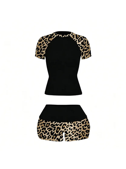 2026 summer new American retro leopard print patchwork short sleeved shorts set Y2K punk street fashion trend casual spicy girl