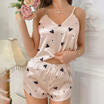 Women Sexy V Neck Sleepwear Heart Print Satin Pajama Set for Summer Cami Tops and Shorts Pajamas 2 Piece Loungewear Home Clothes