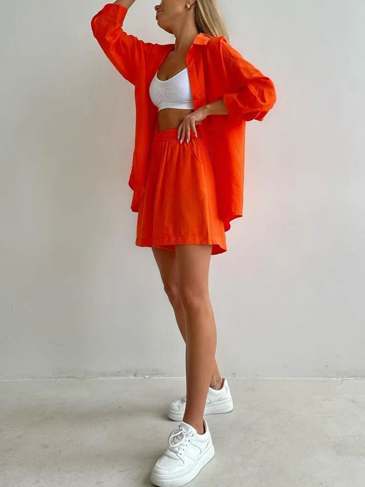 Summer Women's Suit Shirt and Short Sets Solid Color Casual Cotton and Linen Blouse and Shorts Two Piece Sets Women Outfit 2026
