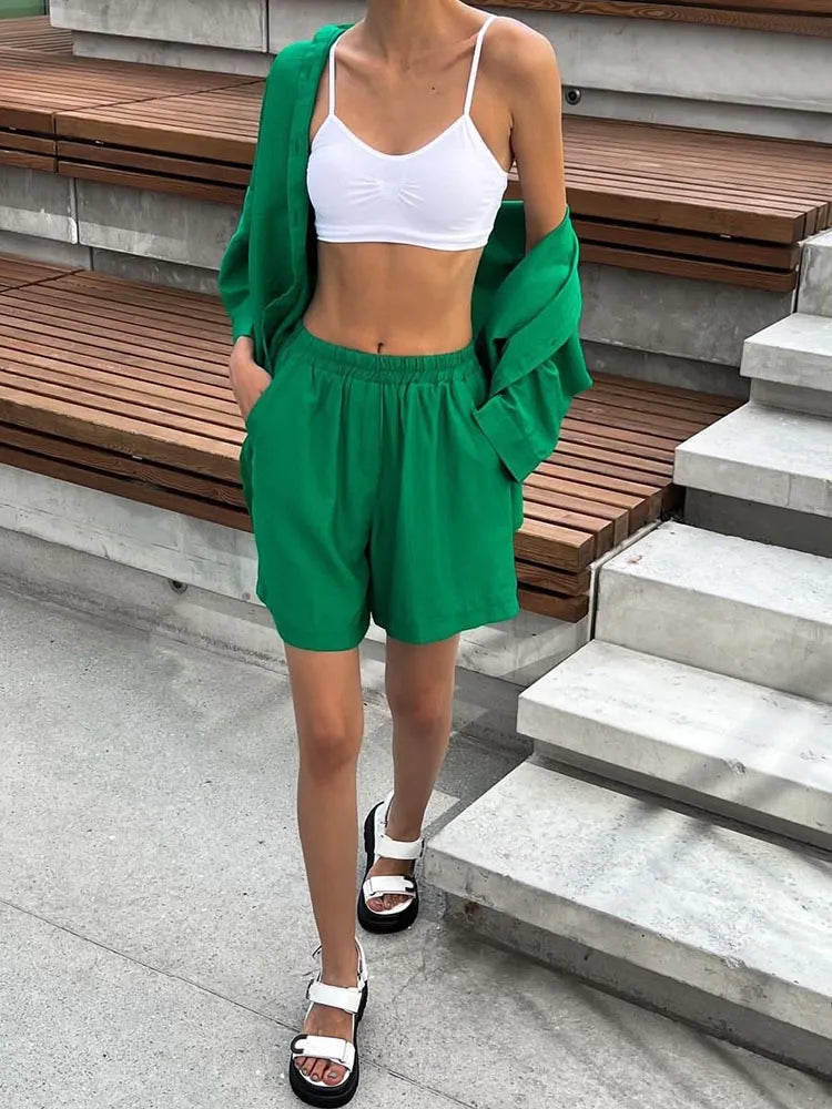 Summer Women's Suit Shirt and Short Sets Solid Color Casual Cotton and Linen Blouse and Shorts Two Piece Sets Women Outfit 2026
